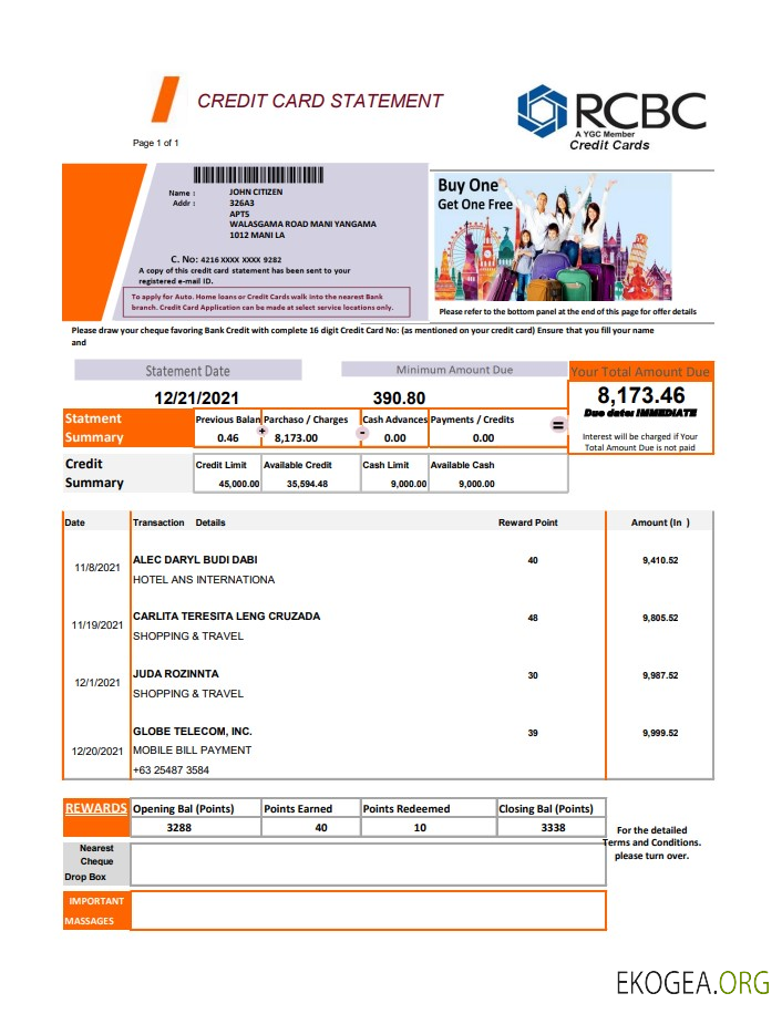 Modèle de relevé de carte de crédit de la Rizal Commercial Banking Corporation (RCBC) des Philippines au format de fichier .xls et .pdf